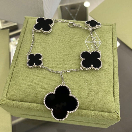 [Olivia Jewelry]CLOVER 5 MOTIFS SIVLER ONYX BRACELET