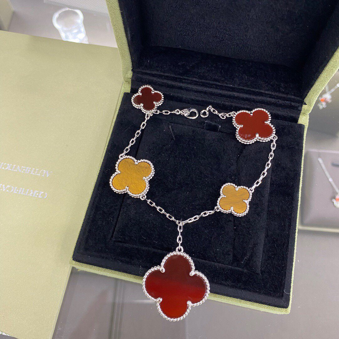 [Olivia Jewelry]CLOVER 5 MOTIFS SIVLER CARNELIAN TIGER EYE BRACELET