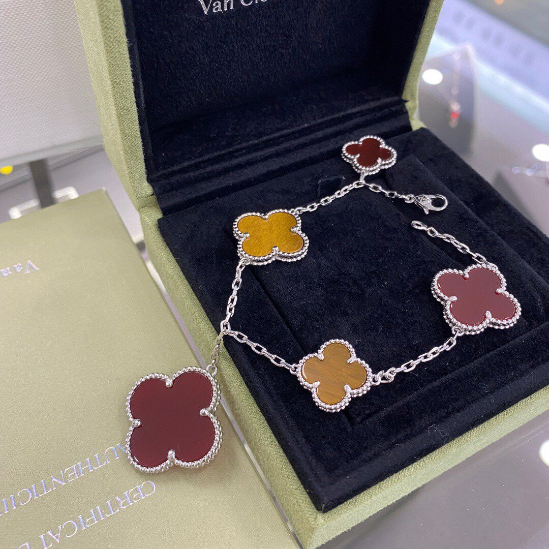 [Olivia Jewelry]CLOVER 5 MOTIFS SIVLER CARNELIAN TIGER EYE BRACELET