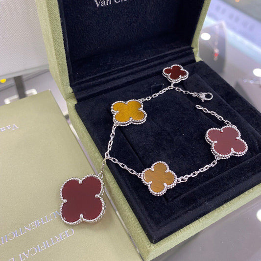[Olivia Jewelry]CLOVER 5 MOTIFS SIVLER CARNELIAN TIGER EYE BRACELET