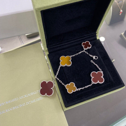 [Olivia Jewelry]CLOVER 5 MOTIFS SIVLER CARNELIAN TIGER EYE BRACELET