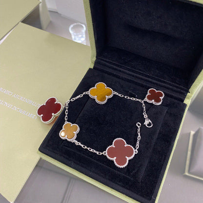 [Olivia Jewelry]CLOVER 5 MOTIFS SIVLER CARNELIAN TIGER EYE BRACELET
