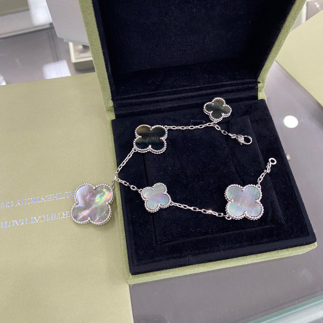 [Olivia Jewelry]CLOVER 5 MOTIFS SIVLER DARK MOP BRACELET