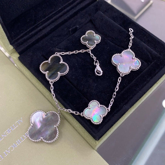 [Olivia Jewelry]CLOVER 5 MOTIFS SIVLER DARK MOP BRACELET