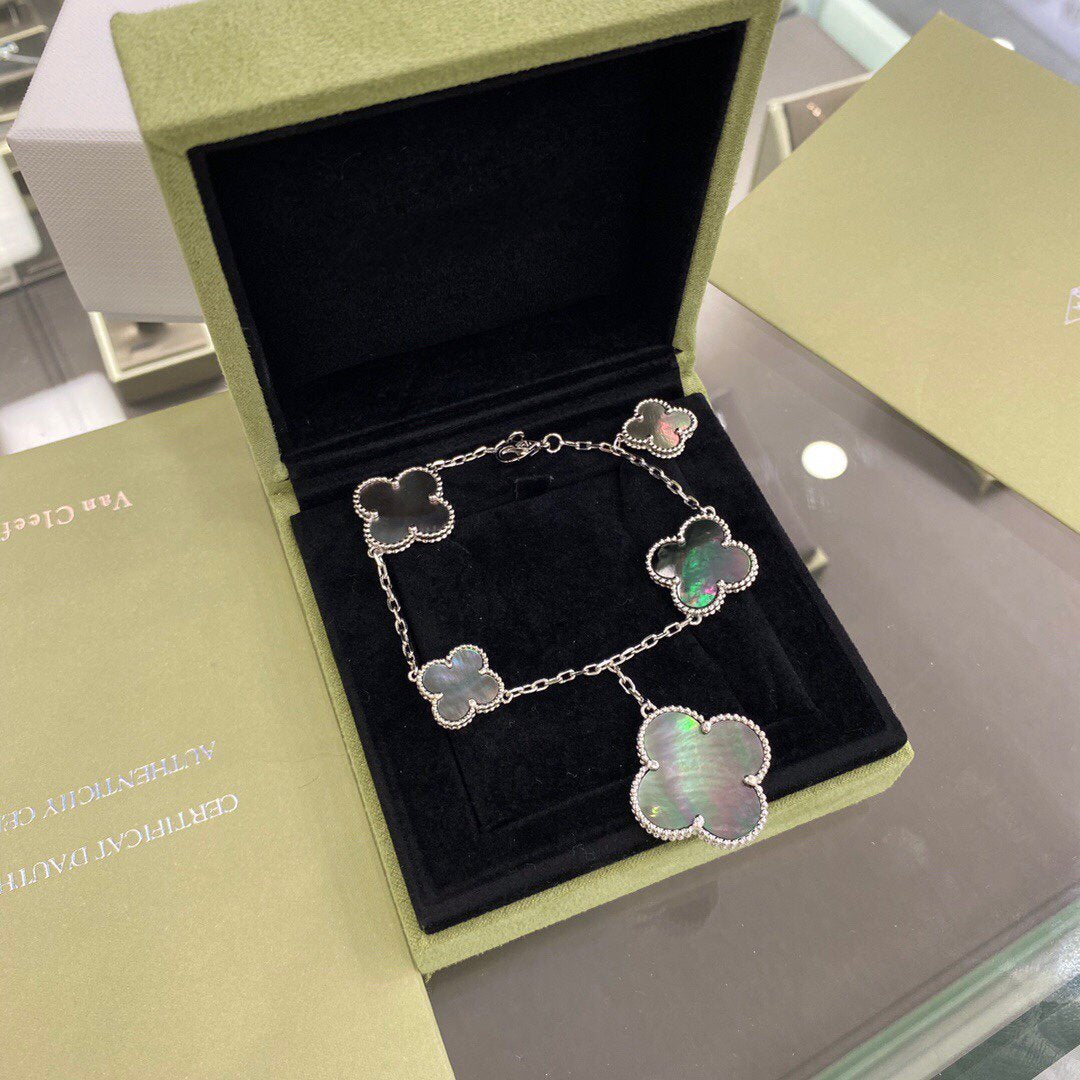 [Olivia Jewelry]CLOVER 5 MOTIFS SIVLER DARK MOP BRACELET
