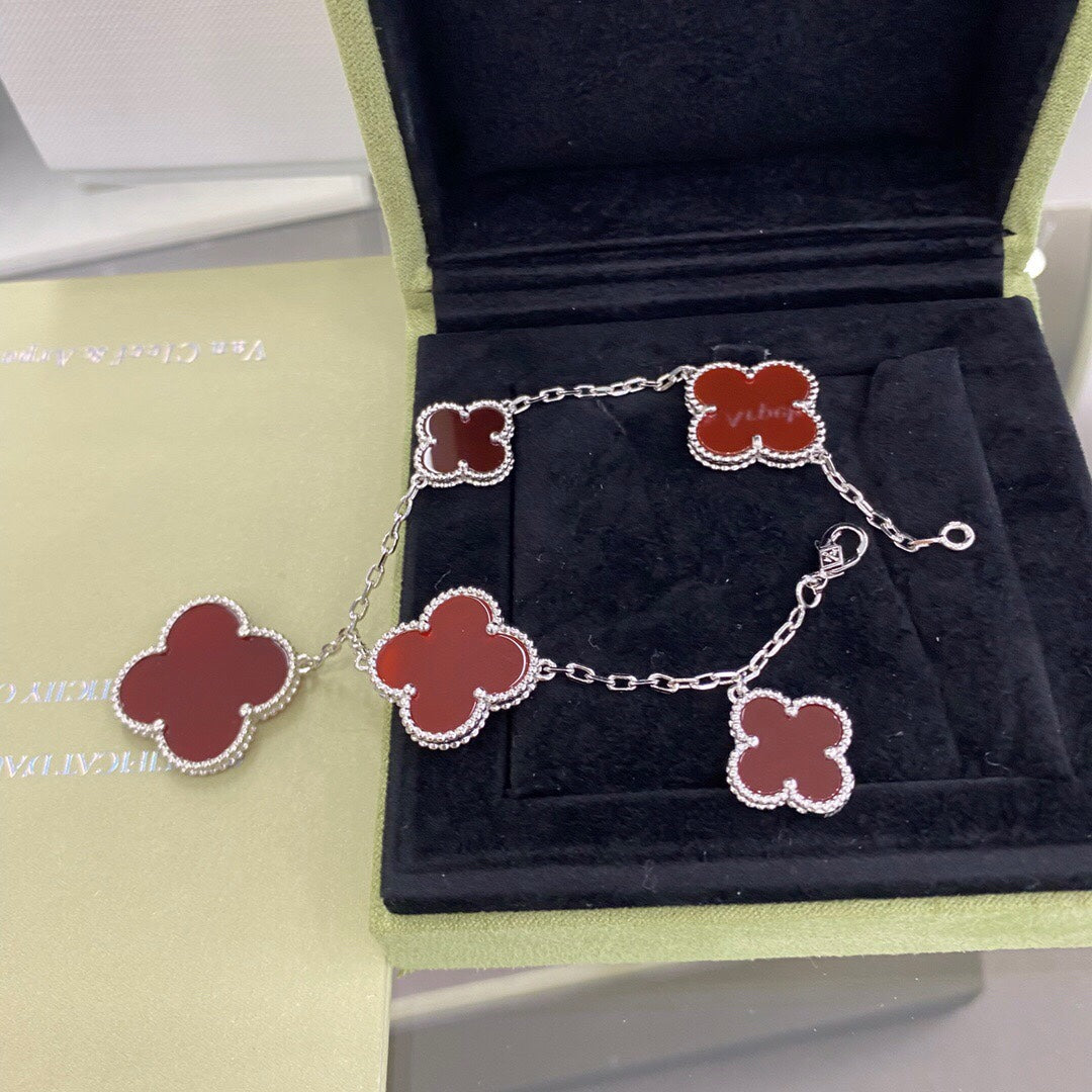 [Olivia Jewelry]CLOVER 5 MOTIFS SIVLER CARNELIAN BRACELET