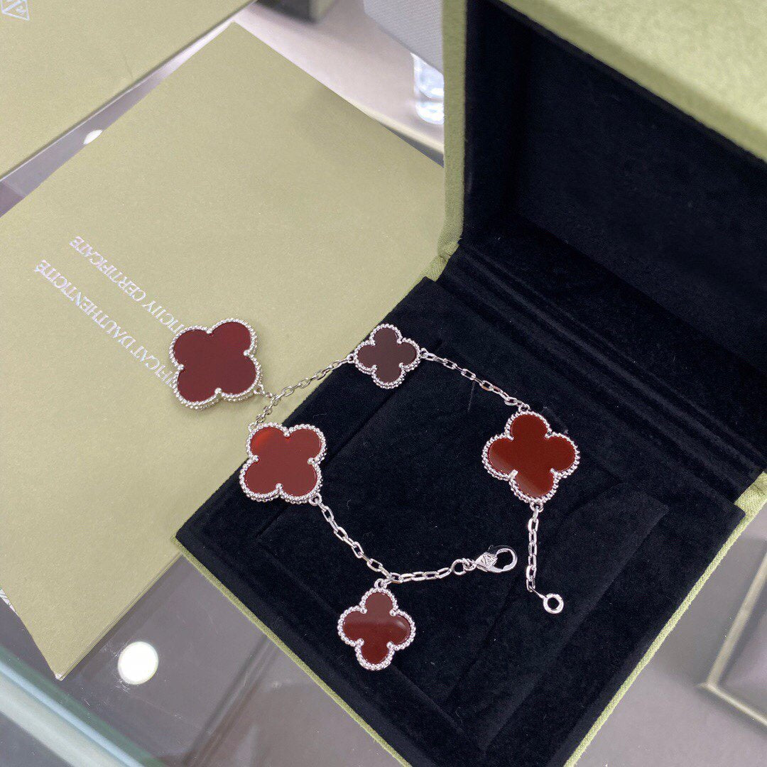 [Olivia Jewelry]CLOVER 5 MOTIFS SIVLER CARNELIAN BRACELET