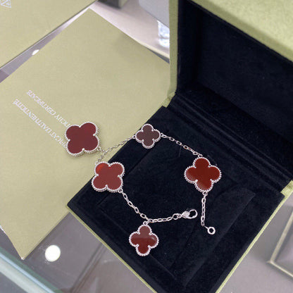 [Olivia Jewelry]CLOVER 5 MOTIFS SIVLER CARNELIAN BRACELET