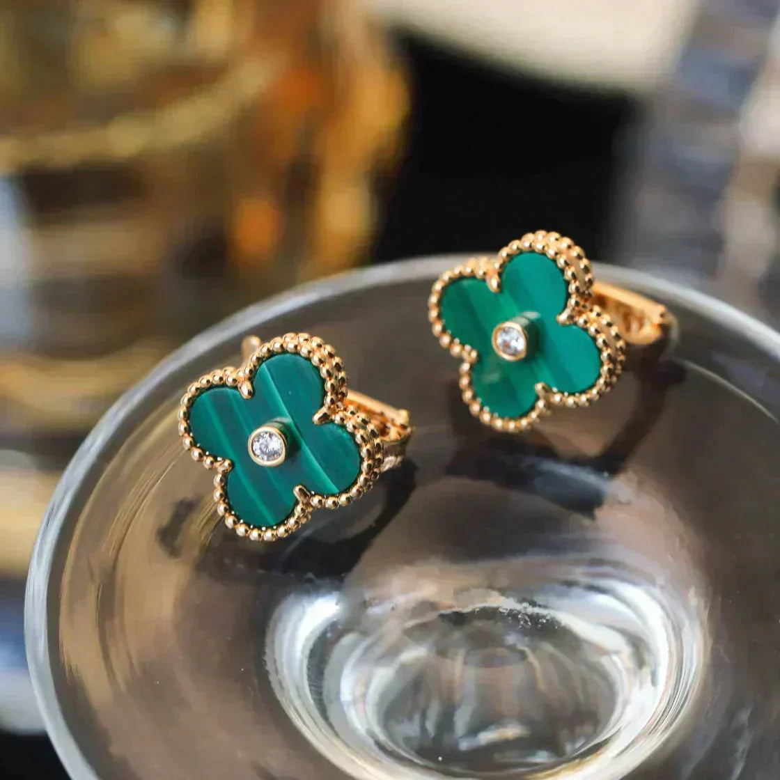 [Olivia Jewelry]CLOVER MEDIUM 1 MOTIFS MALACHITE DIAMOND EARRINGS