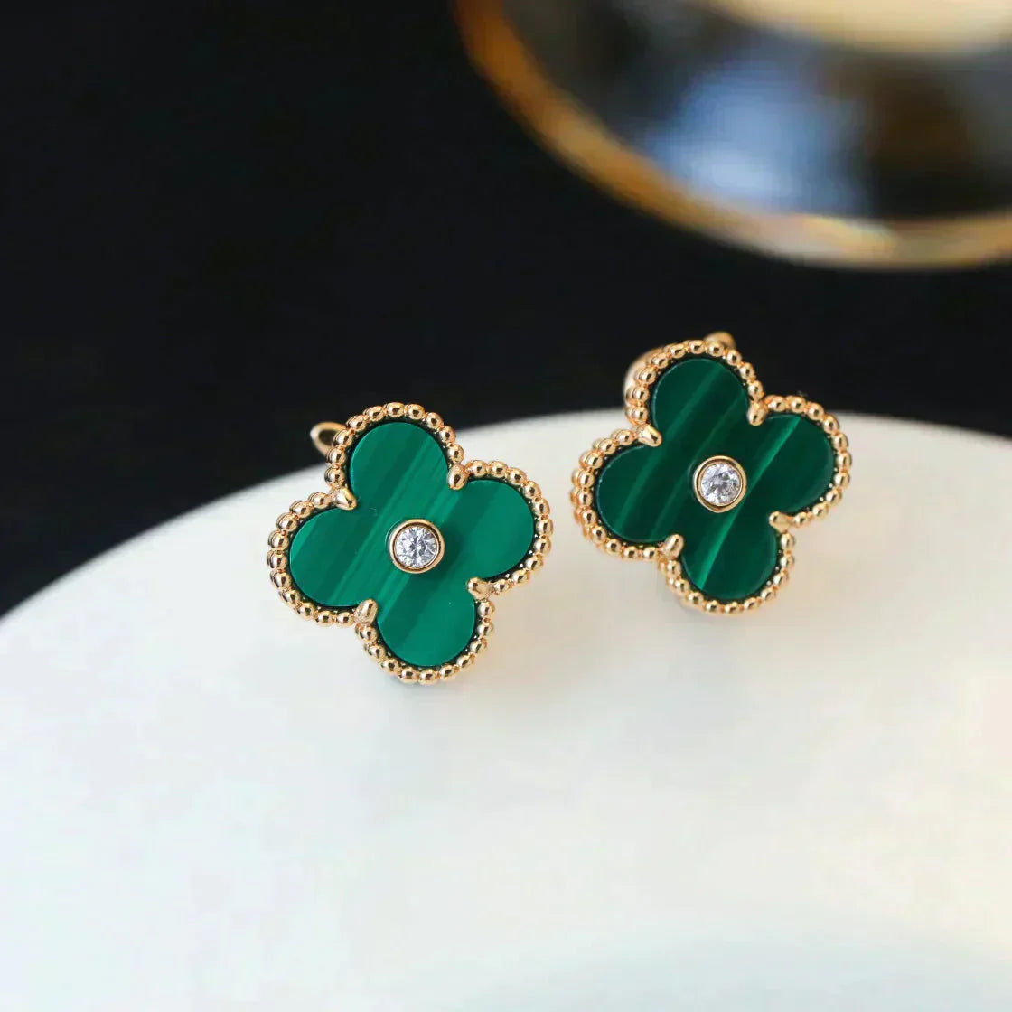 [Olivia Jewelry]CLOVER MEDIUM 1 MOTIFS MALACHITE DIAMOND EARRINGS