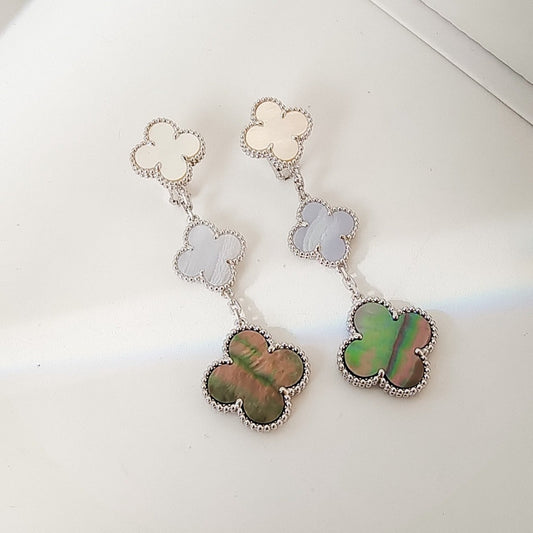 [Olivia Jewelry]CLOVER 3 MOTIFS CHALCEDONY DARK MOP SILVER EARRINGS