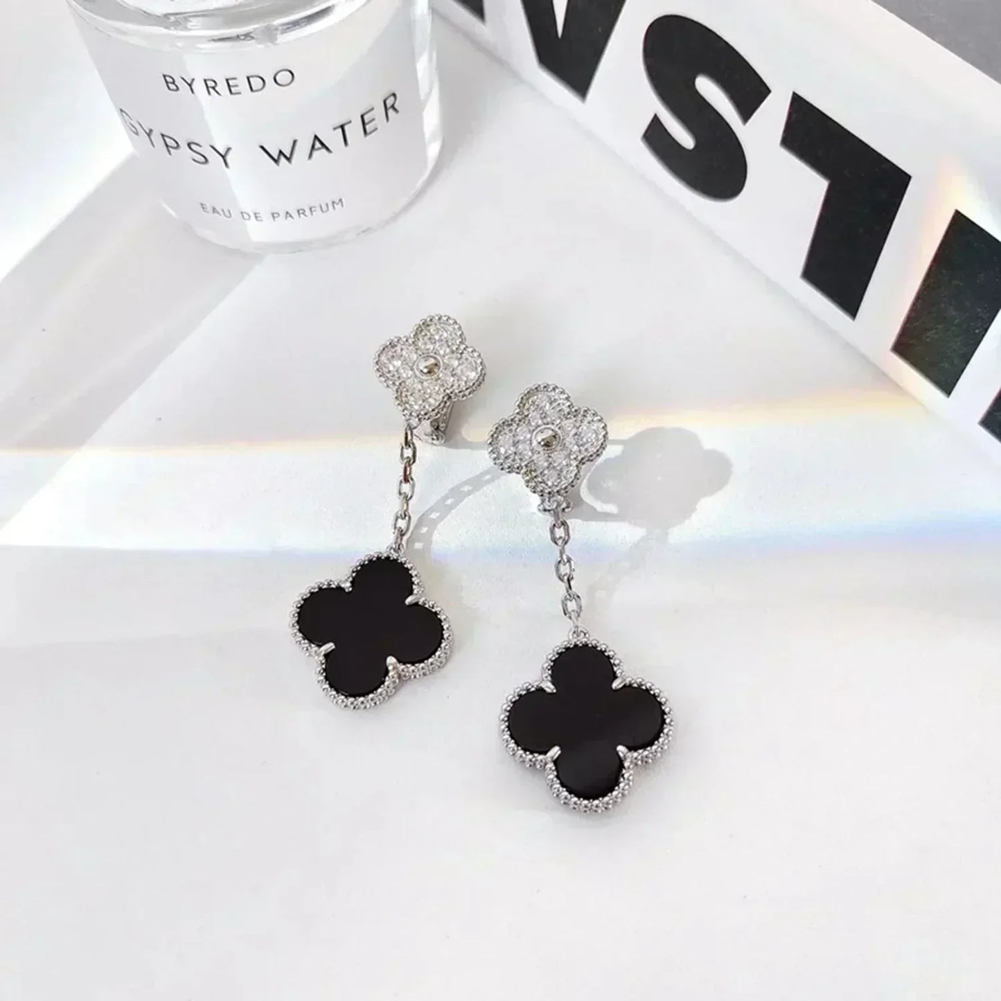 [Olivia Jewelry]CLOVER 2 MOTIFS  DIAMOND ONYX EARRINGS SILVER