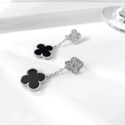 [Olivia Jewelry]CLOVER 2 MOTIFS  DIAMOND ONYX EARRINGS SILVER