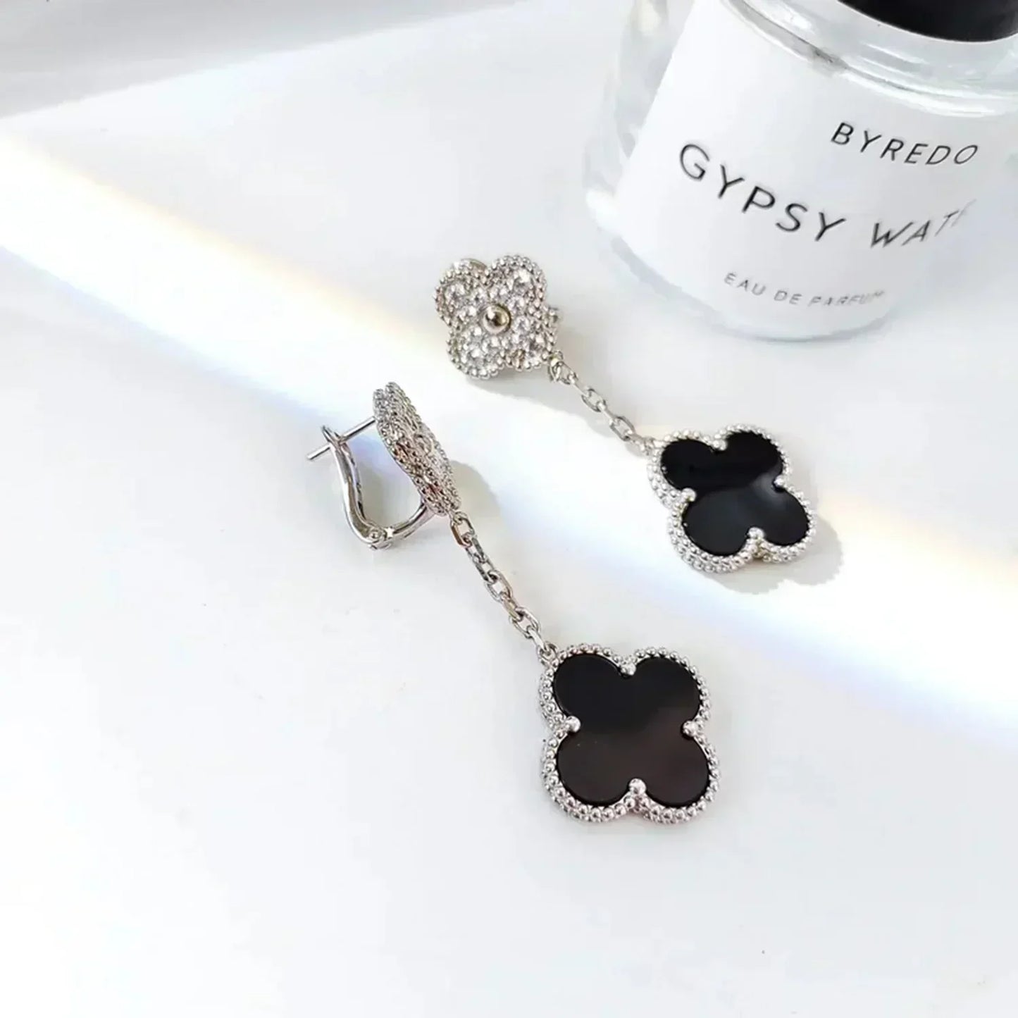 [Olivia Jewelry]CLOVER 2 MOTIFS  DIAMOND ONYX EARRINGS SILVER