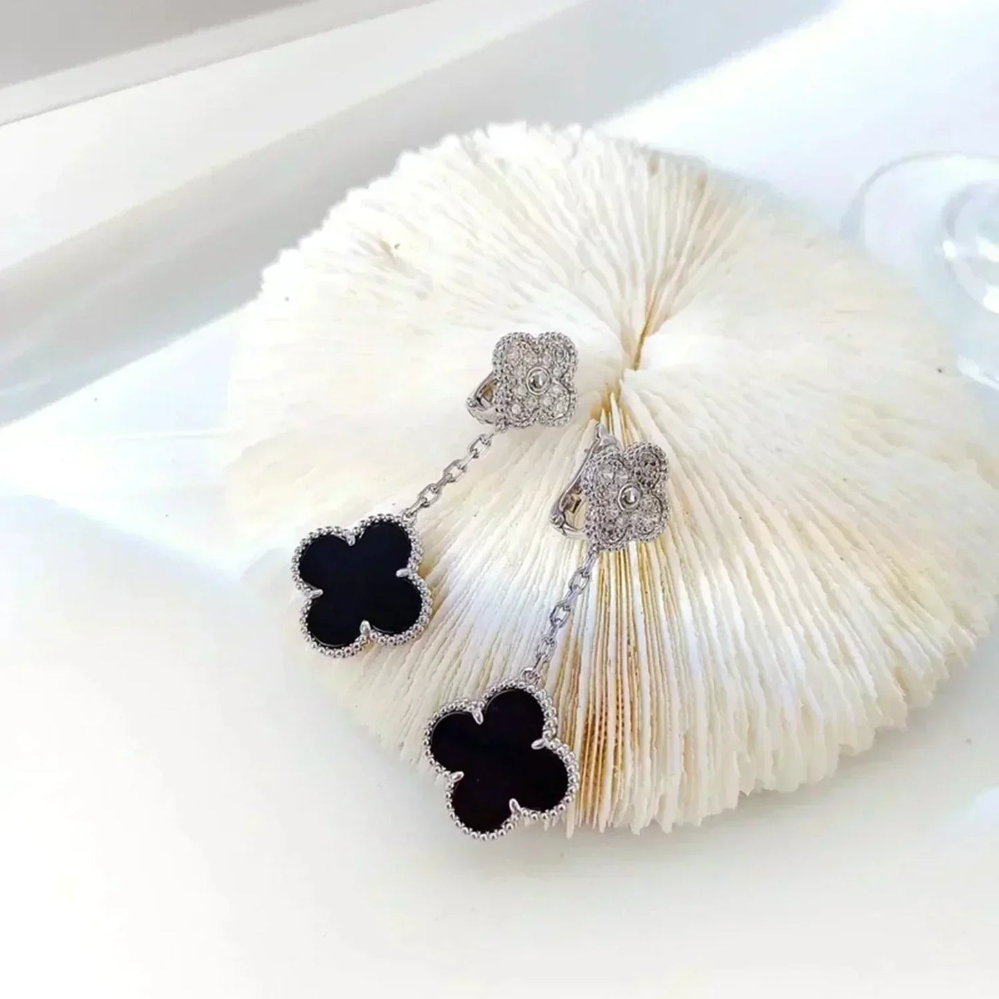 [Olivia Jewelry]CLOVER 2 MOTIFS  DIAMOND ONYX EARRINGS SILVER