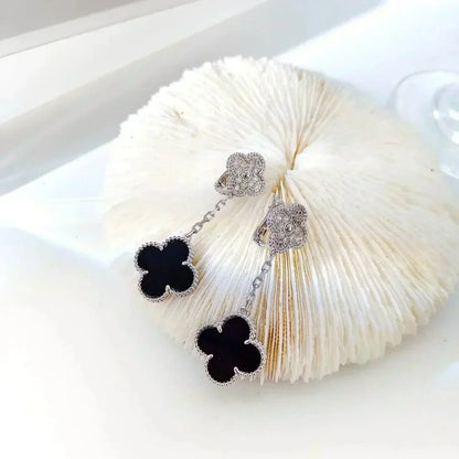[Olivia Jewelry]CLOVER 2 MOTIFS  DIAMOND ONYX EARRINGS SILVER
