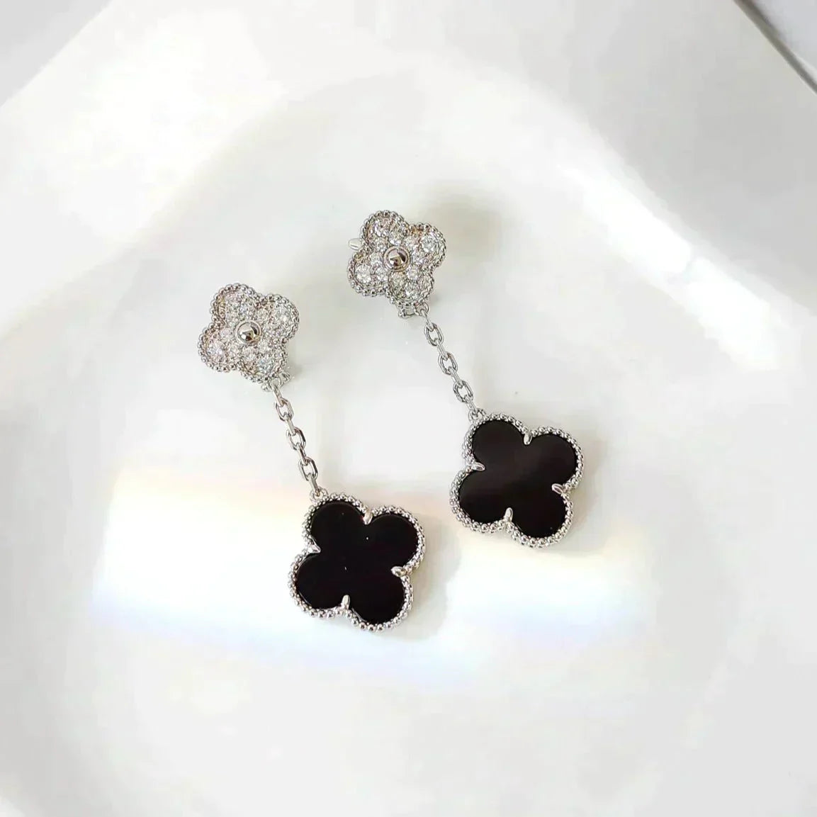 [Olivia Jewelry]CLOVER 2 MOTIFS  DIAMOND ONYX EARRINGS SILVER