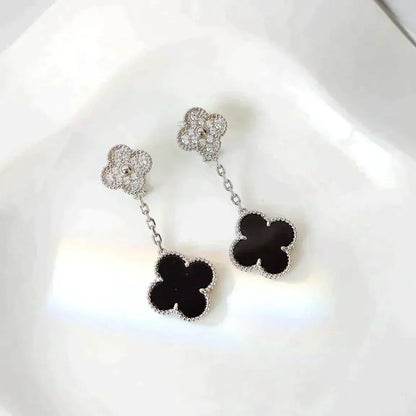 [Olivia Jewelry]CLOVER 2 MOTIFS  DIAMOND ONYX EARRINGS SILVER