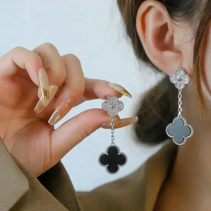 [Olivia Jewelry]CLOVER 2 MOTIFS  DIAMOND ONYX EARRINGS SILVER