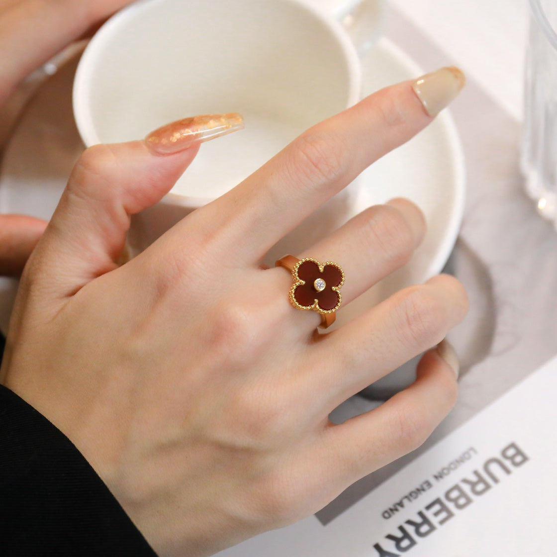 [Olivia Jewelry]CLOVER CARNELIAN RING ROSE GOLD DIAMOND