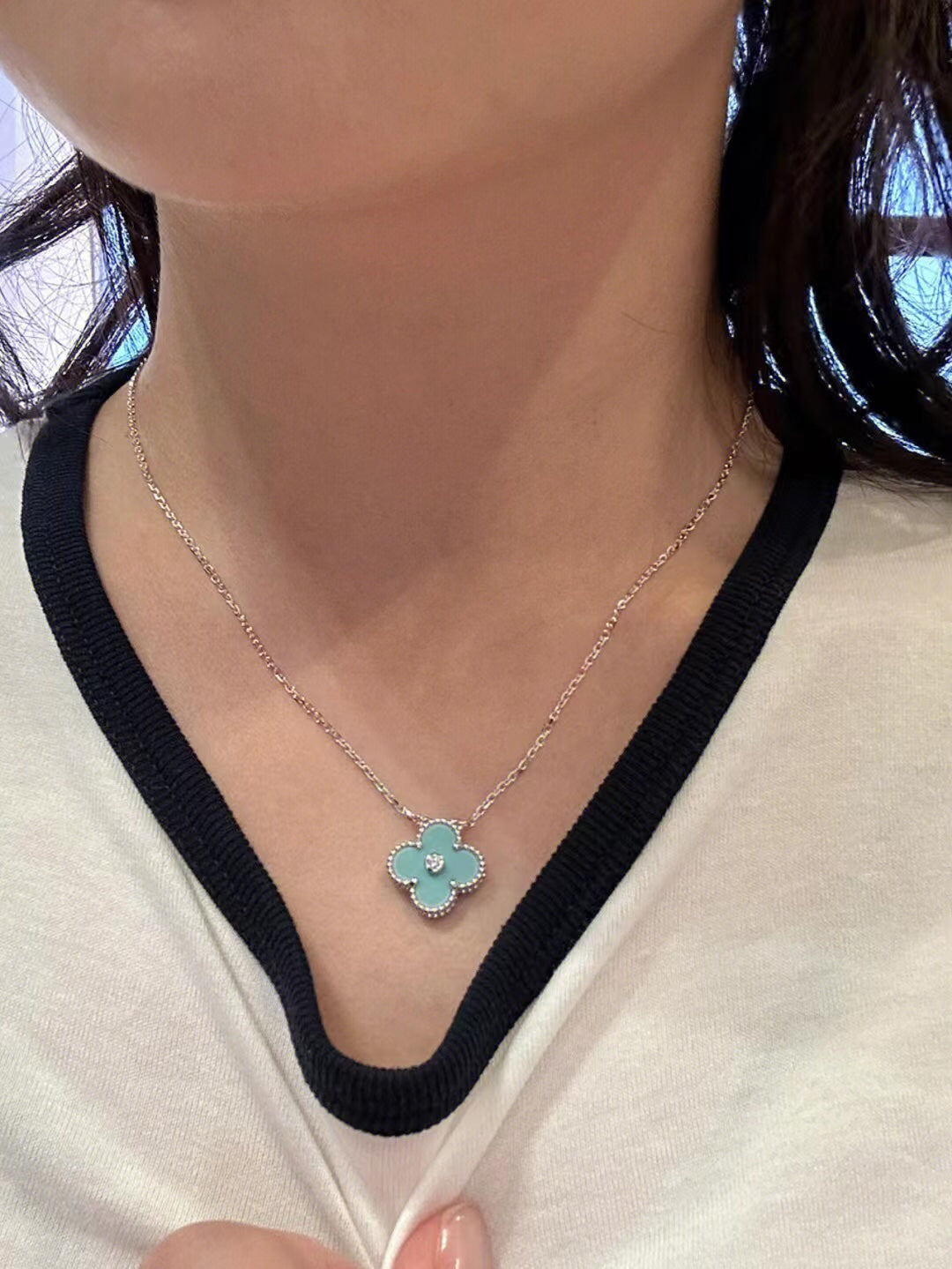 [Olivia Jewelry]CLOVER 1 DIAMOND LIGHT BLUE SILVER NECKLACE
