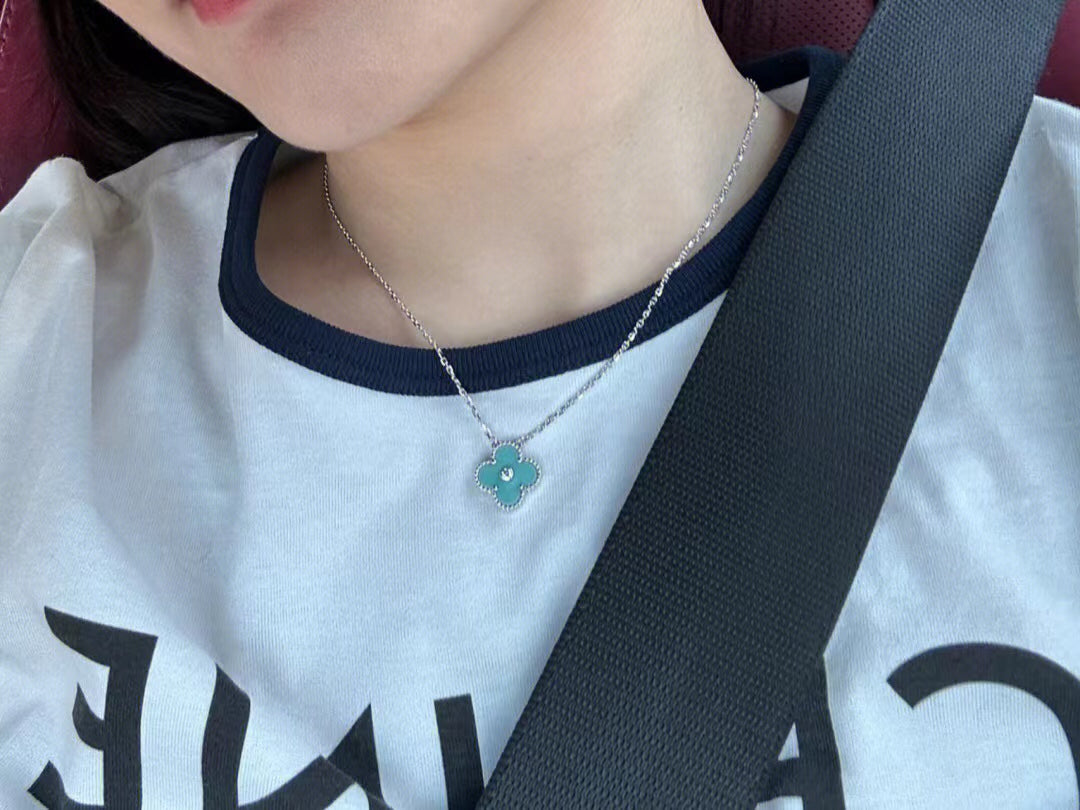 [Olivia Jewelry]CLOVER 1 DIAMOND LIGHT BLUE SILVER NECKLACE