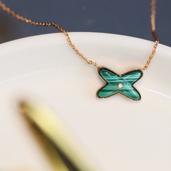 [Olivia Jewelry]JEUX MALACHITE 1 DIAMOND PINK GOLD NECKLACE