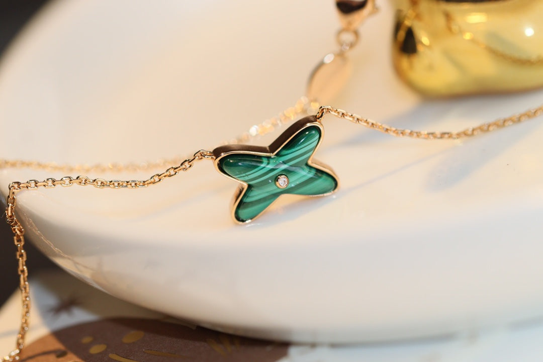 [Olivia Jewelry]JEUX MALACHITE 1 DIAMOND PINK GOLD NECKLACE