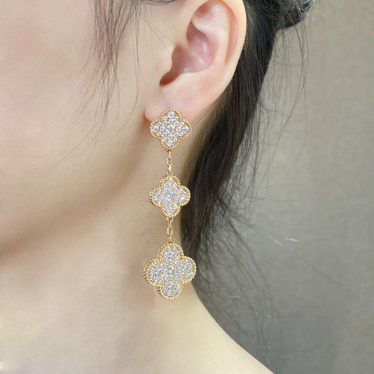 [Olivia Jewelry]CLOVER 3 MOTIFS DIAMOND PAVED ROSE GOLD EARRINGS