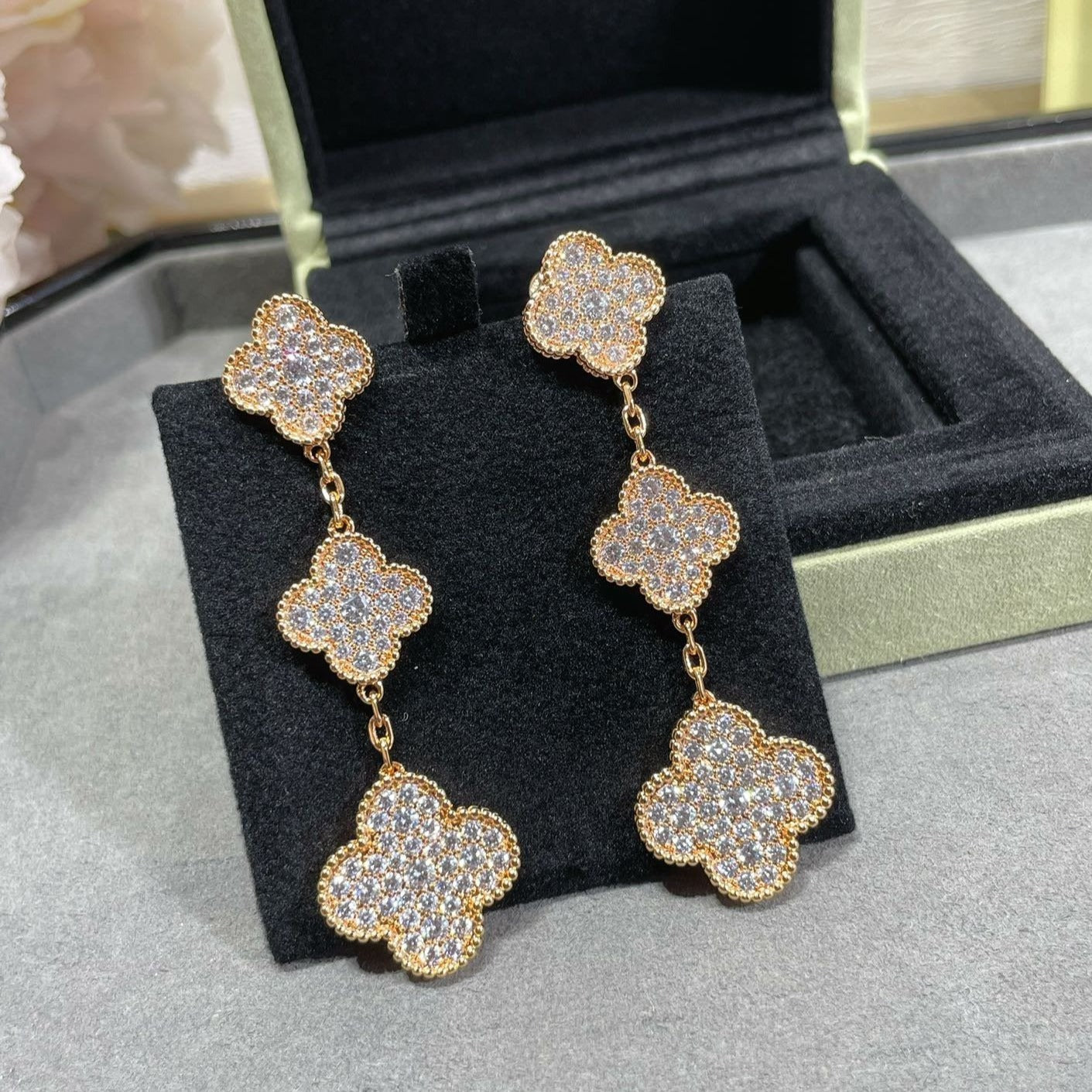 [Olivia Jewelry]CLOVER 3 MOTIFS DIAMOND PAVED ROSE GOLD EARRINGS