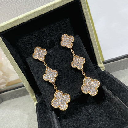 [Olivia Jewelry]CLOVER 3 MOTIFS DIAMOND PAVED ROSE GOLD EARRINGS