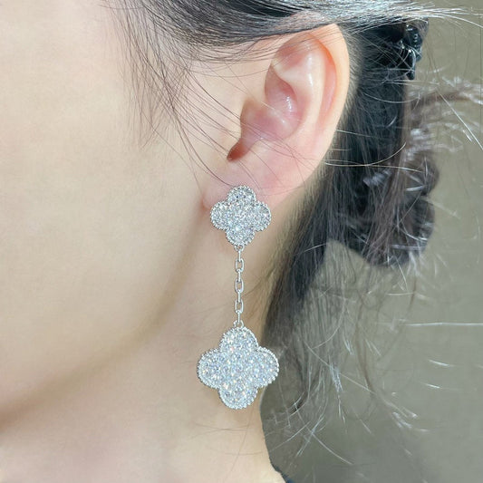 [Olivia Jewelry]CLOVER 2 MOTIFS DIAMOND PAVED SILVER EARRINGS