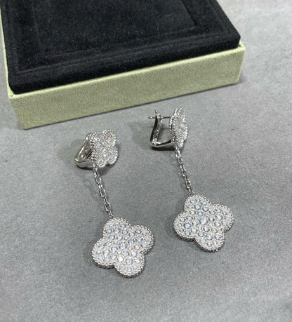 [Olivia Jewelry]CLOVER 2 MOTIFS DIAMOND PAVED SILVER EARRINGS