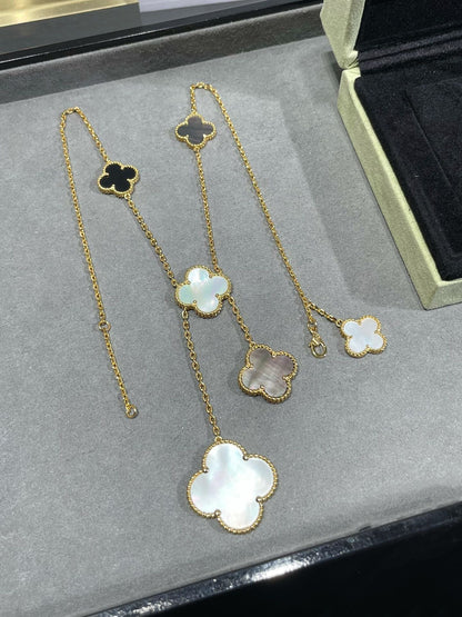 [Olivia Jewelry]CLOVER 6 MOTIF MOP ONYX GOLD NECKLACE