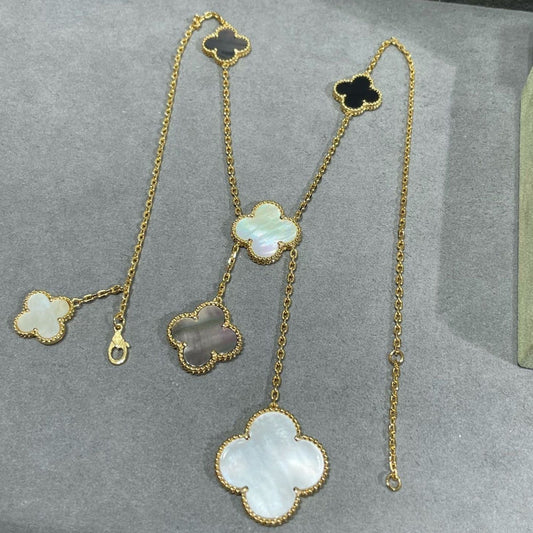 [Olivia Jewelry]CLOVER 6 MOTIF MOP ONYX GOLD NECKLACE
