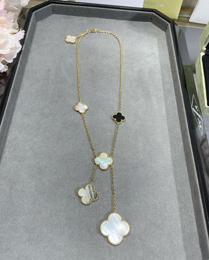 [Olivia Jewelry]CLOVER 6 MOTIF MOP ONYX GOLD NECKLACE