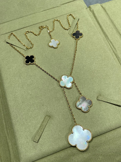 [Olivia Jewelry]CLOVER 6 MOTIF MOP ONYX GOLD NECKLACE
