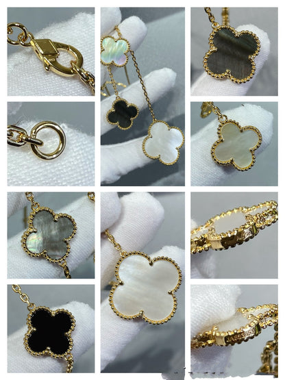 [Olivia Jewelry]CLOVER 6 MOTIF MOP ONYX GOLD NECKLACE