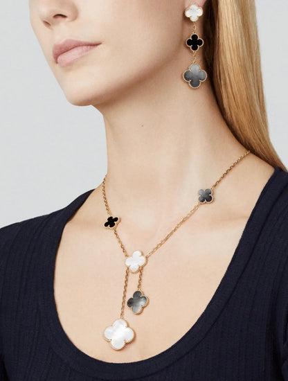 [Olivia Jewelry]CLOVER 3 MOTIF MOP ONYX DARK MOP PINK GOLD EARRINGS