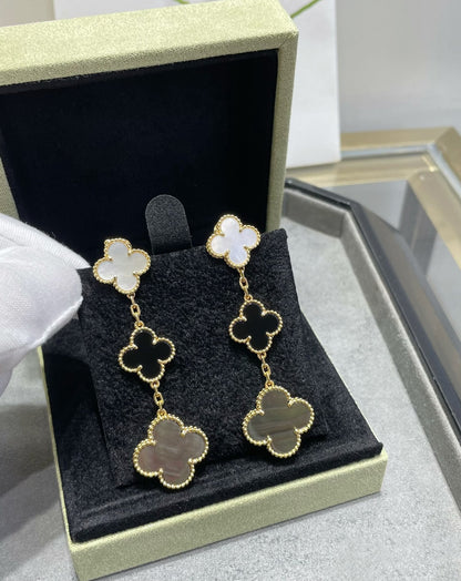 [Olivia Jewelry]CLOVER 3 MOTIF MOP ONYX DARK MOP PINK GOLD EARRINGS