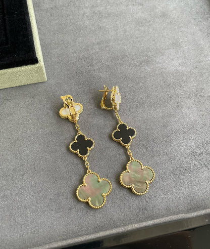 [Olivia Jewelry]CLOVER 3 MOTIF MOP ONYX DARK MOP PINK GOLD EARRINGS