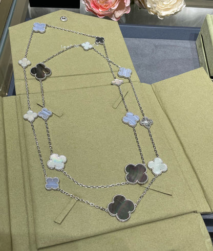 [Olivia Jewelry]CLOVER 16 MOTIF CHALCEDONY MOP SILVER NECKLACE