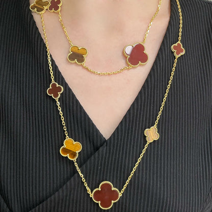 [Olivia Jewelry]CLOVER 16 MOTIF CARNELIAN TIGER EYE ROSE GOLD NECKLACE