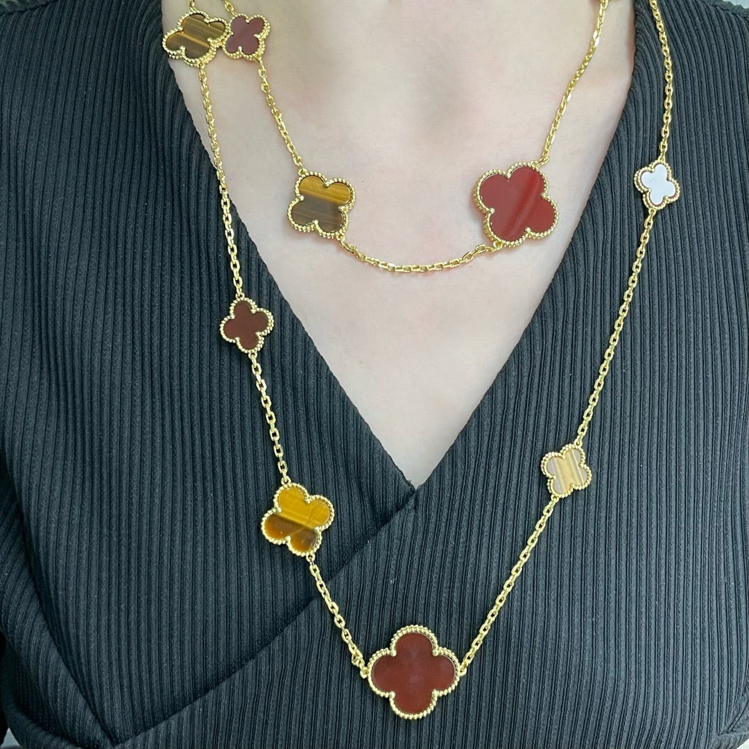 [Olivia Jewelry]CLOVER 16 MOTIF CARNELIAN TIGER EYE ROSE GOLD NECKLACE