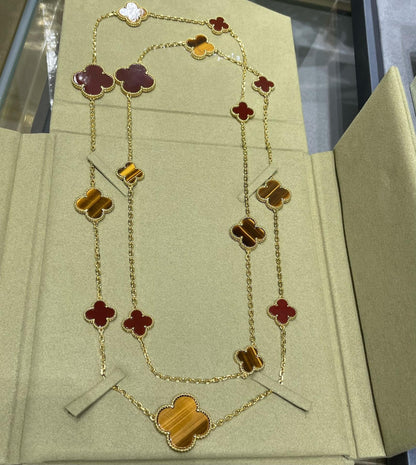 [Olivia Jewelry]CLOVER 16 MOTIF CARNELIAN TIGER EYE ROSE GOLD NECKLACE