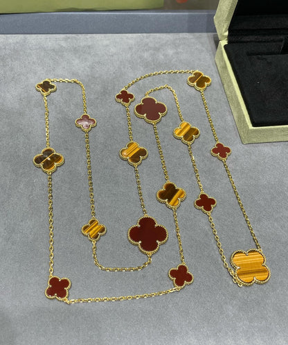 [Olivia Jewelry]CLOVER 16 MOTIF CARNELIAN TIGER EYE ROSE GOLD NECKLACE