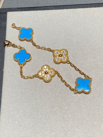 [Olivia JW]CLOVER 5 MOTIF BLUE CHALCEDONY DIAMOND GOLD BRACELET