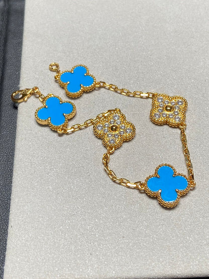 [Olivia JW]CLOVER 5 MOTIF BLUE CHALCEDONY DIAMOND GOLD BRACELET