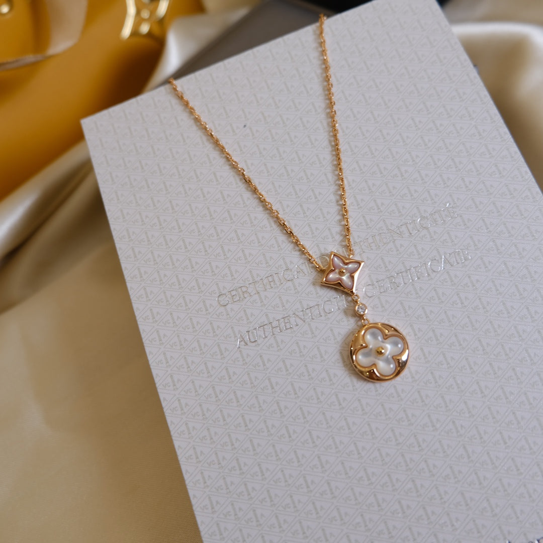 [Olivia Jewelry]STAR AND SUN WHITE MOP 2 MOTIF PINK GOLD NECKLACE