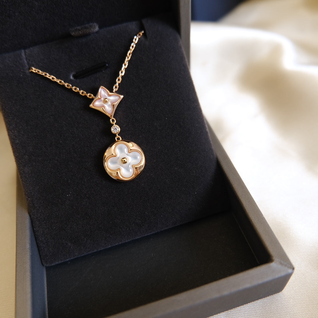 [Olivia Jewelry]STAR AND SUN WHITE MOP 2 MOTIF PINK GOLD NECKLACE